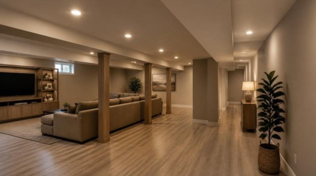 Finished family room, ready to live in